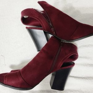 Size 12m, 3.5 in stack heel faux suede open and heel bootie.